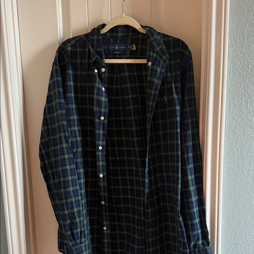 Ralph Lauren Men's Navy and Green Checkered Shirt